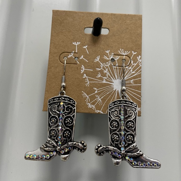 NWT Western Cowboy Boot Earrings Womens Silver Crystal Wire 1 1/4 x 1 1/8 in - Picture 2 of 14